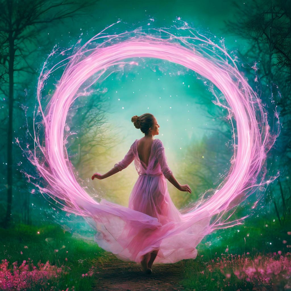 une femme dans la nature entourée d'énergie rayonnante de couleur rose symbolisant la danse des énergies de vie retrouvée après une séance énergétique