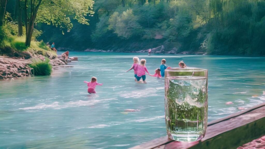 Image d'un verre d'eau pure grâce à l'osmose inverse, en avant plan, d'une famille qui joue dans l'eau pure d'une rivière.